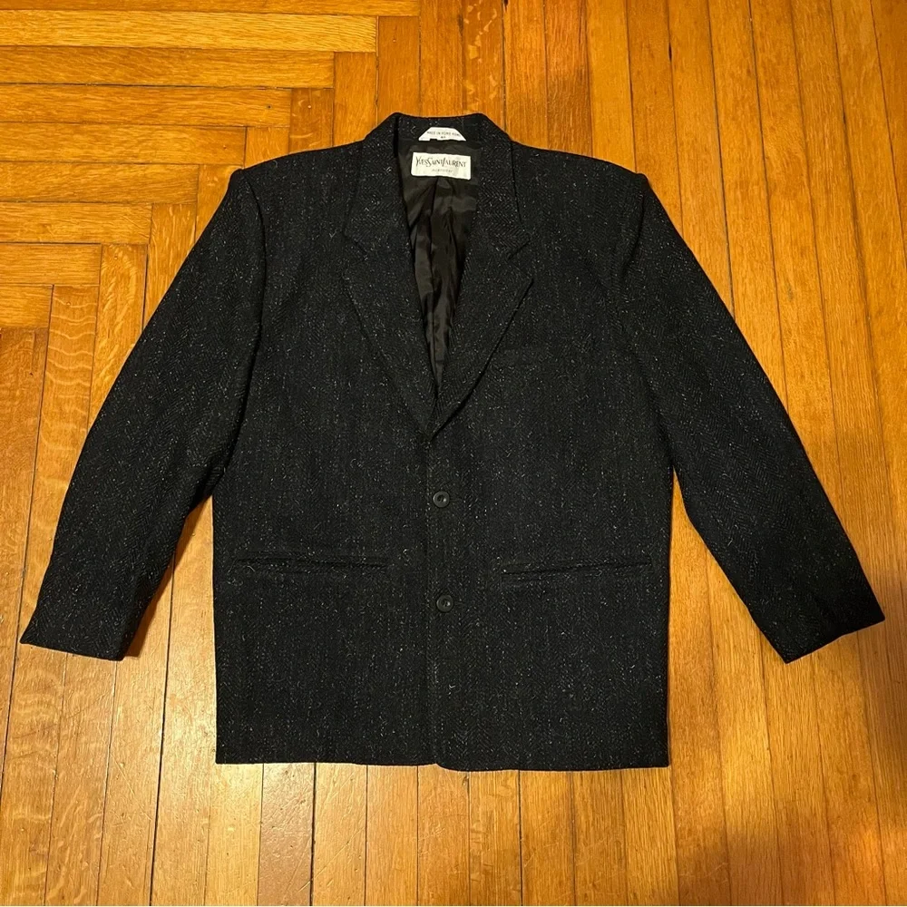 Yves Saint Laurent Dark Blue Tweed Blazer Men’s Sz 40 Wool Blend Lined Vintage
